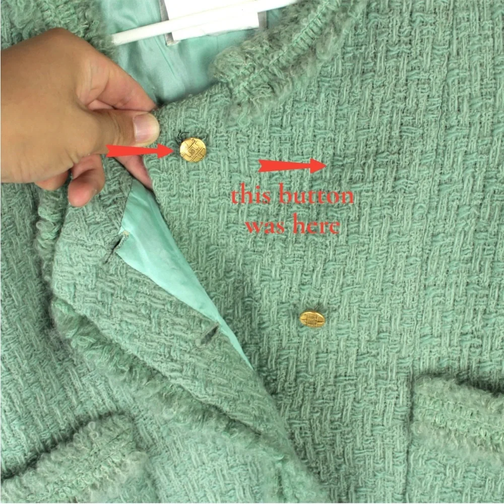Chanel Boutique Skirt Suit Set Tweed Size 38 Jade Green 100% Wool Pocket